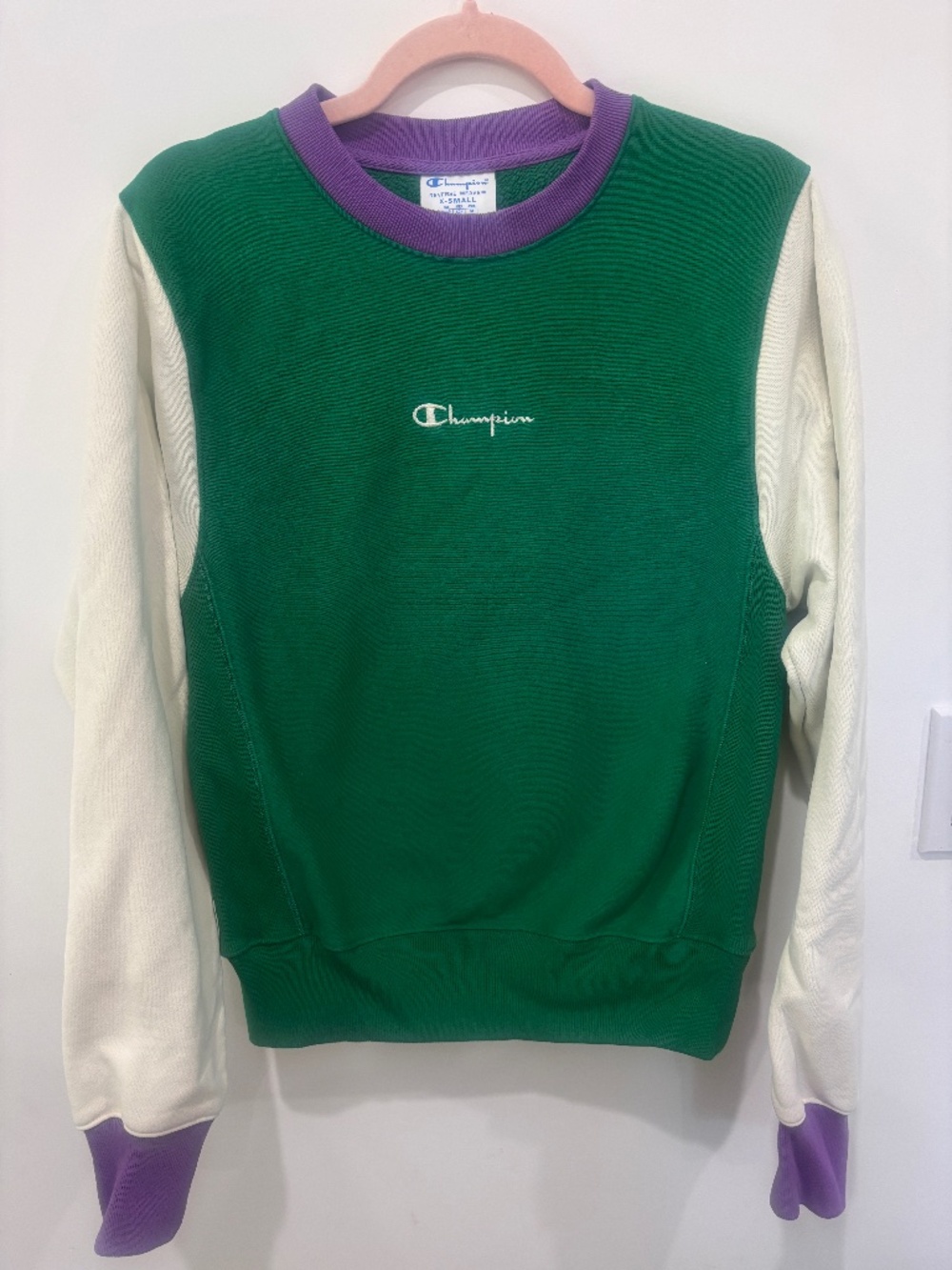 Champion Reverse Weave Patchwork Crewneck XS Purple Green White Colorblock